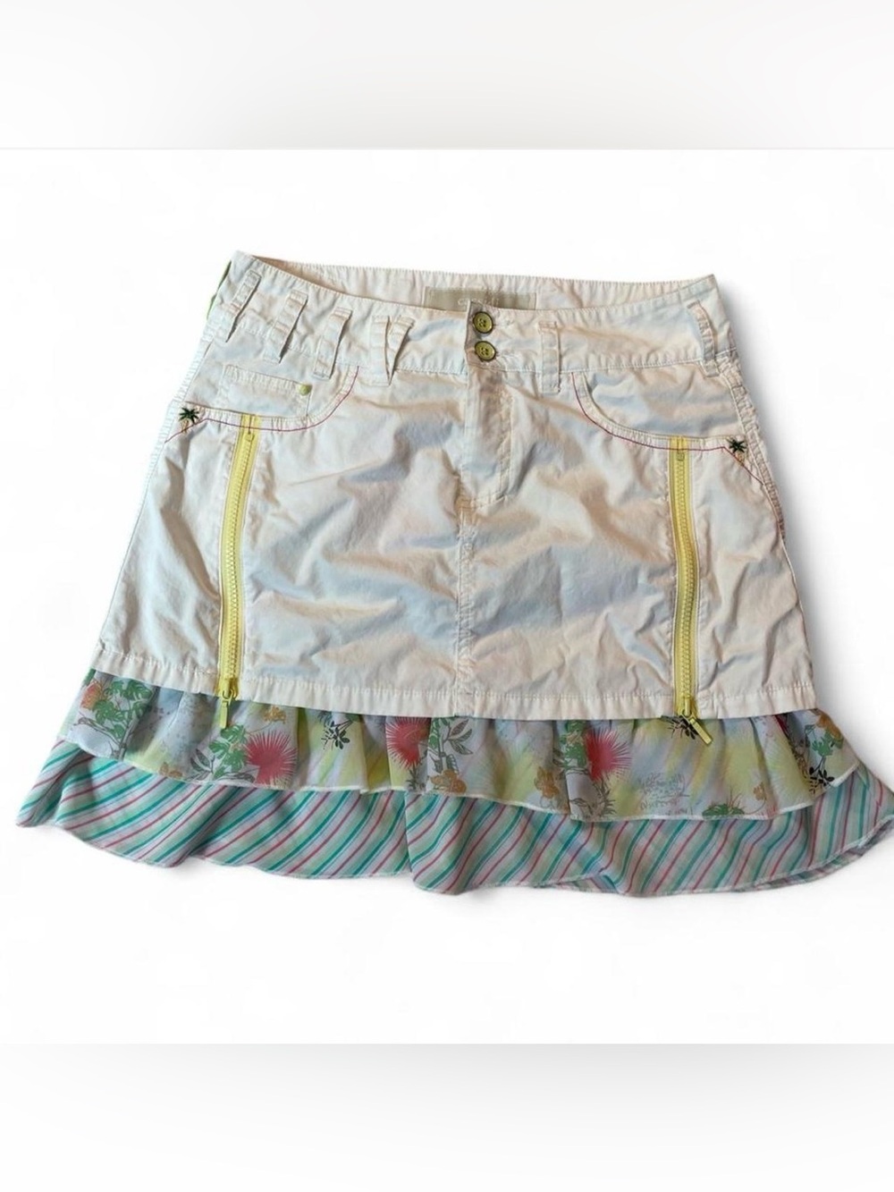 White Layered Mini Skirt with Yellow Zipper and Floral Trim